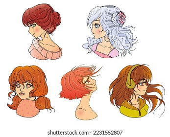 vector set with cute cartoon anime girl. avatars	