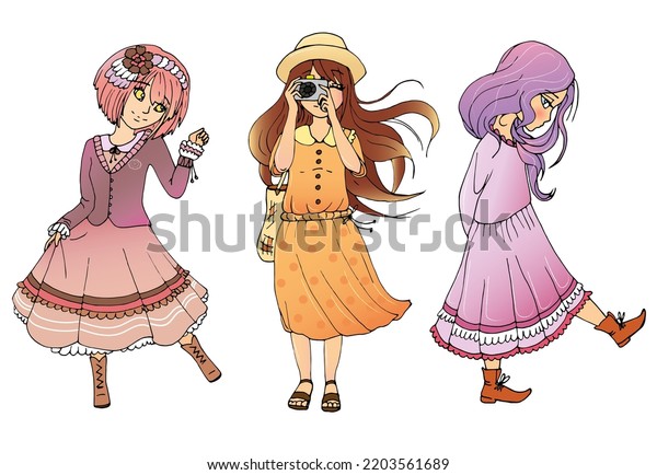 Vector Set Cute Cartoon Anime Girls Stock Vector (Royalty Free ...