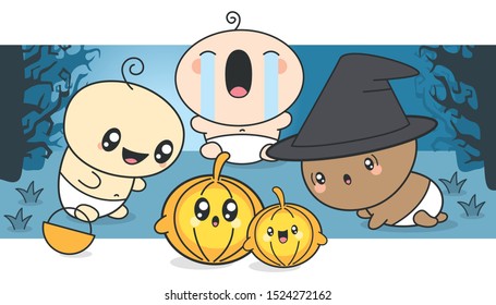 Vector Set Of Cute Cartoon Babies Celebrating Halloween. Kawaii Vector Set. Cute Babies With Funny Pumpkin
