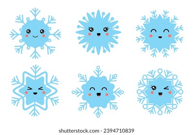 Vector set of cute cartoon blue snowflakes on white background.