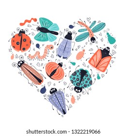 Vector set of cute cartoon bugs or beetles, butterflies. Isolated elements on a white background. Heart composition. Scandinavian style, flat. Design of cards, prints, posters. Childrens illustration.