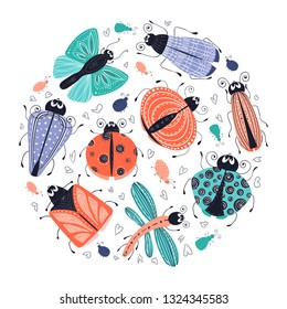 Vector set of cute cartoon bugs or beetles, butterflies. Isolated elements on a white background. Round composition. Scandinavian style, flat. Design of cards, prints, posters. Childrens illustration.
