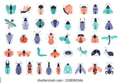 Vector set of cute cartoon bugs or beetles, butterflies. Isolated elements, clipart on white background. Scandinavian style, flat. Design of cards, prints, posters. Childrens illustration.