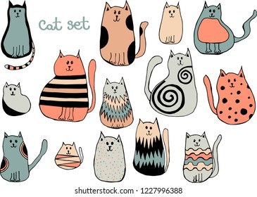 Vector set of cute cartoon cats. Collection of doodle kittens.