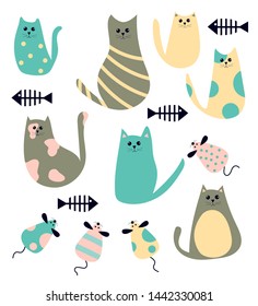 Vector set of cute cartoon cats and mice. Collection of doodle kittens.