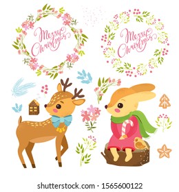 Vector set with cute cartoon characters. Christmas theme, hare and deer, elements for decor, Christmas wreaths and plants
