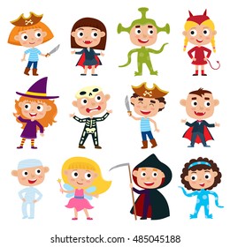 Vector set of cute cartoon children in colorful halloween costumes: pirate, devil, witch, alien, vampire, fairy, mummy, skeleton.