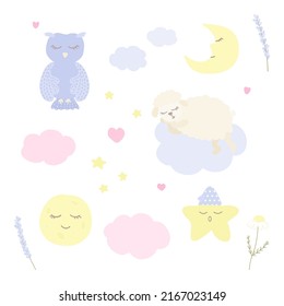 Vector set with cute cartoon clipart moon, cloud, star, owl, sheep and flowers in baby style. For birthday or baby shower and party invitation, print design for pajamas, t-shirt, nursery room poster