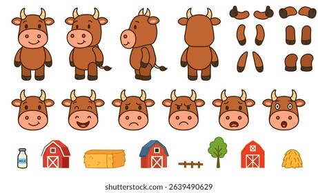  Vector set of a cute cartoon cow character with different poses, facial expressions, and farm elements. Perfect for animation, games, stickers, and children’s illustrations.