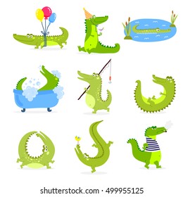 Vector set with cute cartoon crocodiles