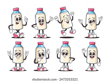 Vector Set Of Cute Cartoon Dairy Product Characters Showcasing Different Expressions And Poses. Milk Bottle Animation