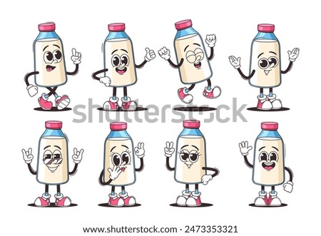 Vector Set Of Cute Cartoon Dairy Product Characters Showcasing Different Expressions And Poses. Milk Bottle Animation