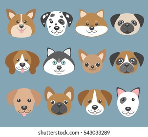 Vector set with cute cartoon dog puppies. Beagle, dalmatian, shiba inu, husky, corgi, jack russell terrier, pug, chihuahua, labrador retriever, french bulldog