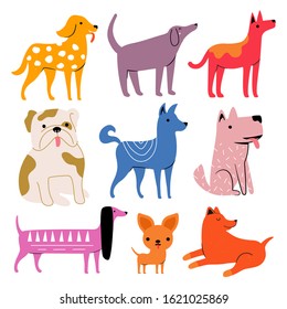 Vector set with cute cartoon dogs. Domestic animal print collection, sticker template with pet, home decoration poster art