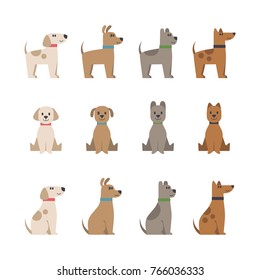 Vector set with cute cartoon dogs and puppies illustrations. Icons, design elements. Flat style. Domestic animal.
