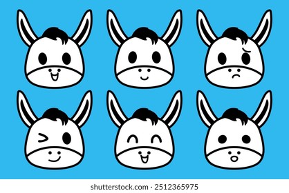 Vector set cute cartoon donkey icons isolated