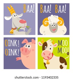 Vector set of cute cartoon farm animals: cow, goat, pig, sheep. What do the animals say. Educational children's game.