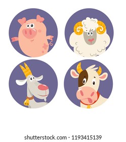 Vector set of cute cartoon farm animals: cow, goat, pig, sheep. Educational children's game, sticker, poster, card.