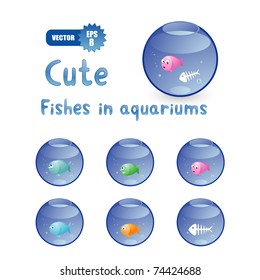 Vector set of cute cartoon fishes in aquariums