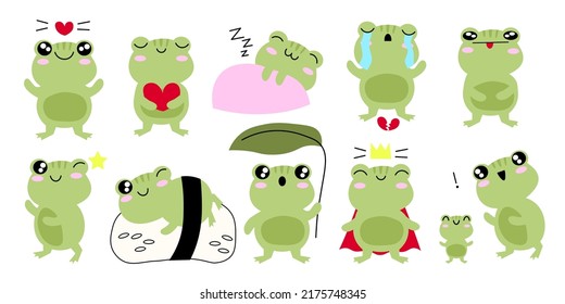 Vector set of cute cartoon frogs. Kawaii froggie pack. Baby animals bundle. Cartoon characters for kids flat illustrations isolated on white background EPS