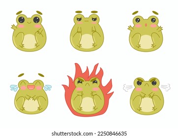 Vector set of cute cartoon frogs. Kawaii froggie pack. Baby animals bundle.  flat illustrations isolated on white background. Frog mascot emoticons, smiley face, sad, evil, surprised expressions set.
