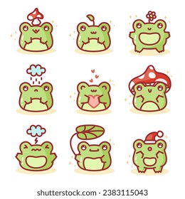 Vector set of cute cartoon frogs. Collection of cute little froggy illustrations, sticker pack. Kawaii froggie pack. Baby animals bundle. Cartoon characters for kids flat illustrations