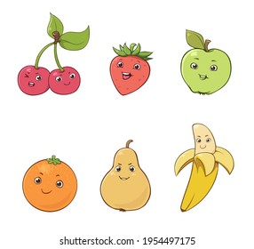 Conjunto vectorial de bonitos frutos de dibujos animados con caras felices aisladas en fondo blanco.