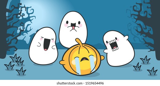Vector Set Of Cute Cartoon Ghosts Celebrating Halloween. Kawaii Vector Set. Cute Ghosts With Funny Pumpkin