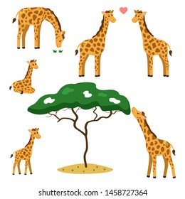 Vector Set Of Cute Cartoon Giraffes. African Animals And Tree. Giraffes Family, Mom, Dad And Baby.