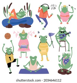 Juego de vectores de adorables toads verdes de dibujos animados en ropa y diferentes poses. Ilustración plana vectorial.