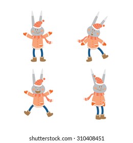 Vector set with cute cartoon hares in winter clothes.