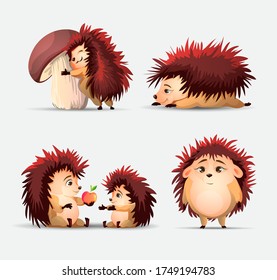 Vector set of cute cartoon hedgehogs, apple and mushroom. Hedgehogs vector illustration. Cartoon characters