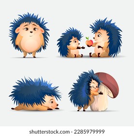 Conjunto vectorial de adorables erizos de dibujos animados, manzanas y champiñones. Vector hedgehog. Ilustración vectorial de los erizos. Personajes de dibujos animados