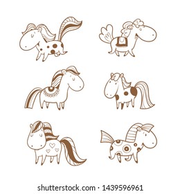 Vector set with cute cartoon  horses. Funny animals. Contour image, white fill.