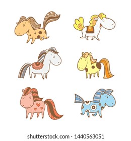 Vector set with cute cartoon  horses. Funny animals. Contour colorful image.