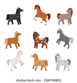 Vector set of cute cartoon horses of different  colors and poses