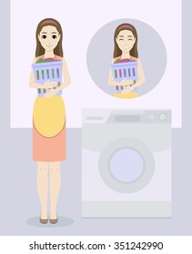 Vector set with cute cartoon housewife holding laundry clothes basket next to washing machine. Happy smiling woman wearing dress and apron does her housework. Female character with different faces.