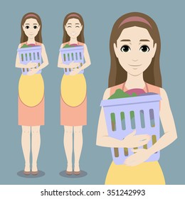 Vector set with cute cartoon housewife holding laundry basket with dirty clothes. Happy smiling woman wearing dress and apron does her housework. Female character with different faces for design.