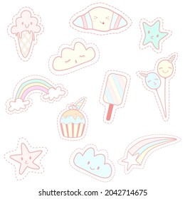 Vector - Set cute cartoon of ice cream, croissant, cup cake, cloud and star. Unicorn concept. Rainbow, Pastel color. Can be use for print, sticker, logo, label, scrapbook. 