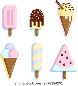 Vector set of cute cartoon ice cream. Ice cream on a stick, in a waffle glass, with chocolate icing, fruit ice, frozen watermelon. In soft pink and blue colors.