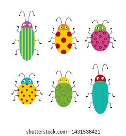 Vector set of cute cartoon insects. Different beetles on an isolated background.