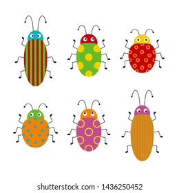 Vector set of cute cartoon insects. Different beetles on an isolated background. Funny illustration