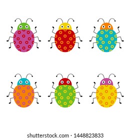 Vector set of cute cartoon insects. Different beetles on an isolated background. Funny illustration
