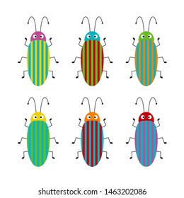 Vector set of cute cartoon insects. Different beetles on an isolated background. Funny illustration