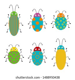 Vector set of cute cartoon insects. Different beetles on an isolated background. Funny illustration