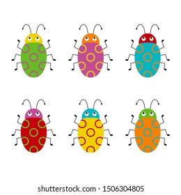 Vector set of cute cartoon insects. Different beetles on an isolated background. Funny illustration