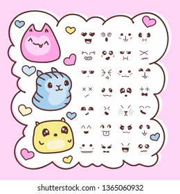 Vector Set Of Cute Cartoon Kawaii Cat Icons Isolated