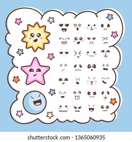 Vector Set Of Cute Cartoon  Kawaii Stars Icons Isolated