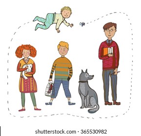 Vector set of cute cartoon kids with pets. Brother and sister. Baby crawling behind the nipple.