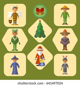 Vector set of cute cartoon kids wearing new year costumes. Flat style design elements, icons.